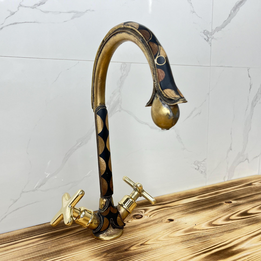 Handcrafted Brass Faucet – Black & Gold Moroccan Motif, Dual Handle Design