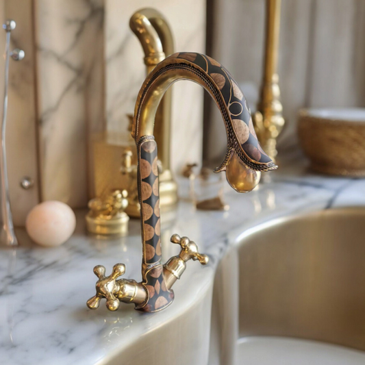Unlacquered Brass Bathroom Faucet Adorned With Resin And Moroccan Walnut Wood