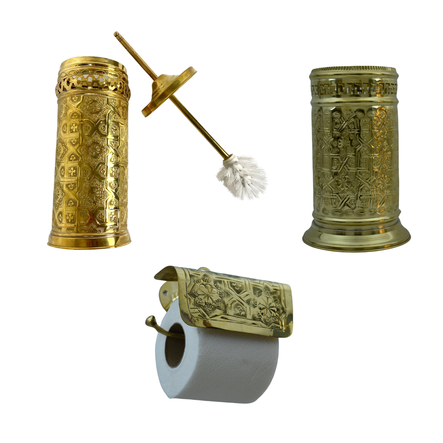 Handmade Solid Brass Toilet Brush Holder & Storage Basket with Toilet Paper Holder