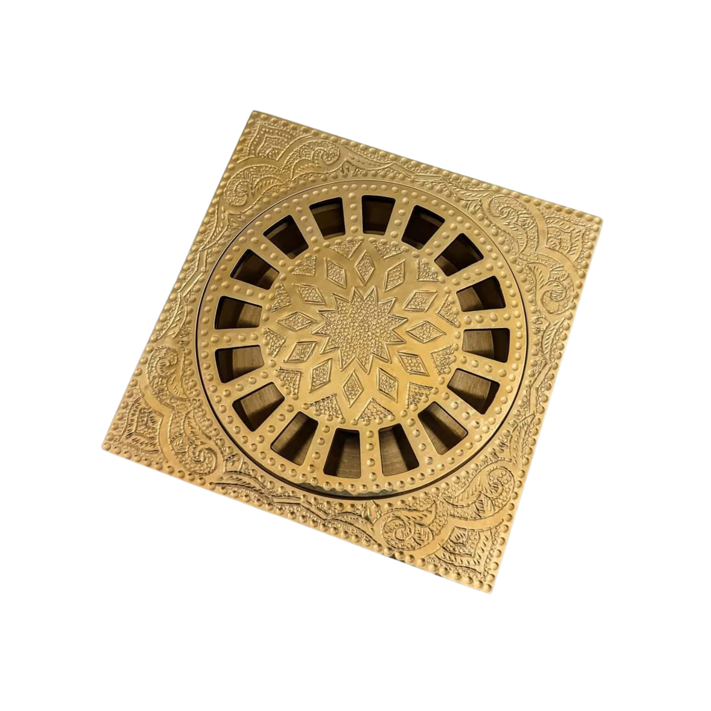 Handcrafted Unlacquered Brass Floor Drain Engraved Shower Floor Drain with Removable Cover