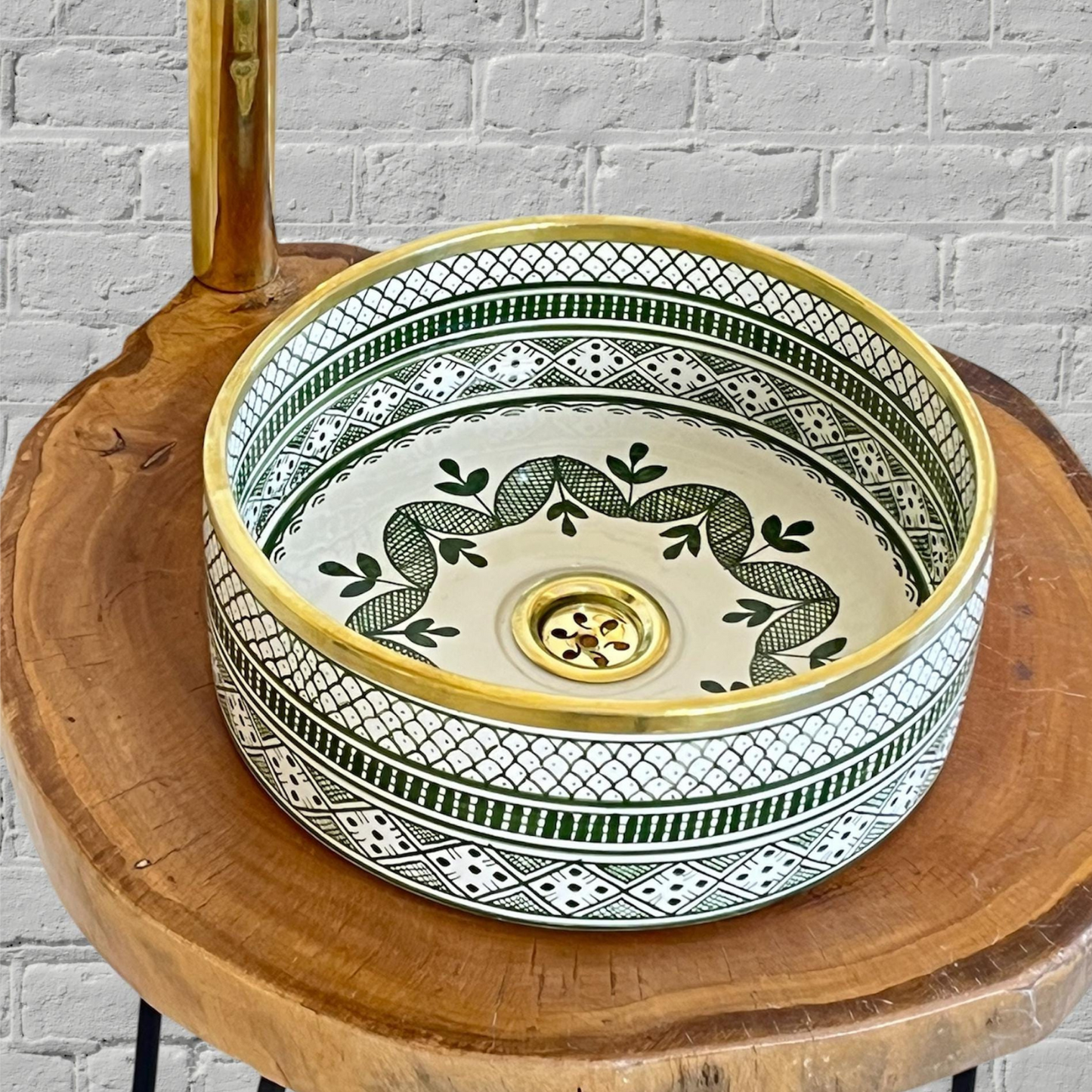 Handcrafted Moroccan Ceramic Green Bowl Sink with Brass