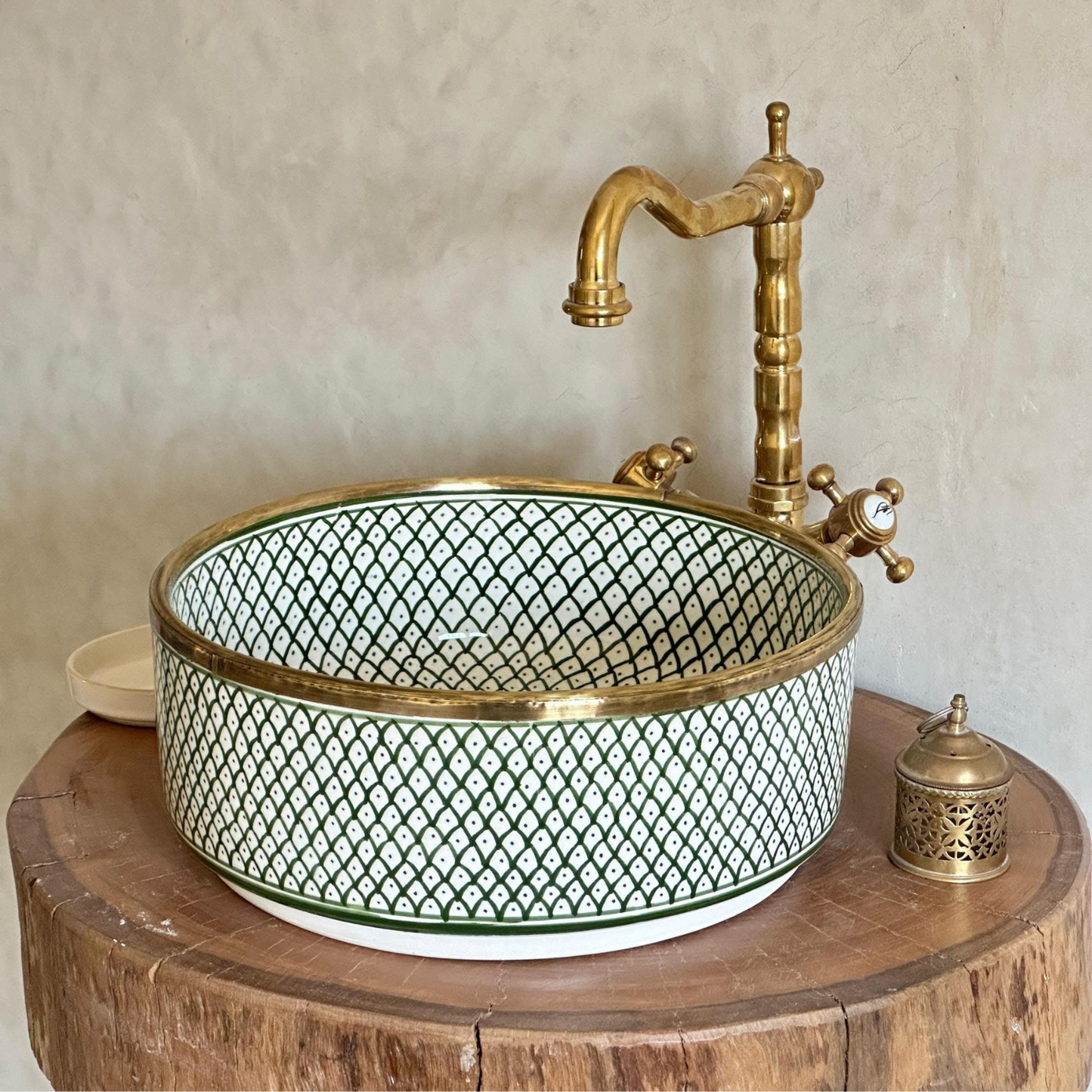 Custom Made Green Ceramic Sink with Brass Rim - Bathroom Vanity Centerpiece for Eco-Friendly Decor - Bathroom Statement Piece