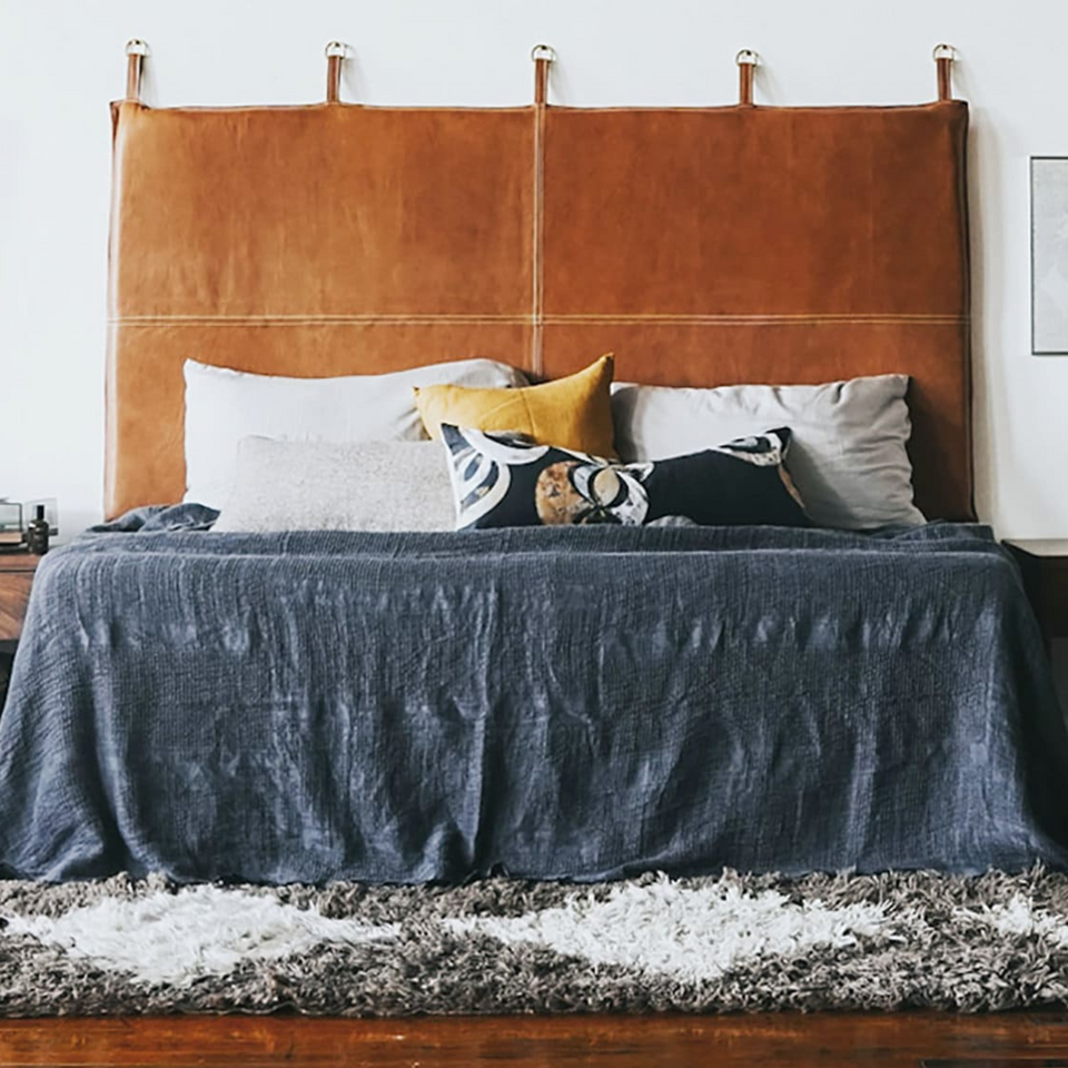 Premium leather headboard for king bed, whiskey tan and honey brown leather wall-mount cushion with straps