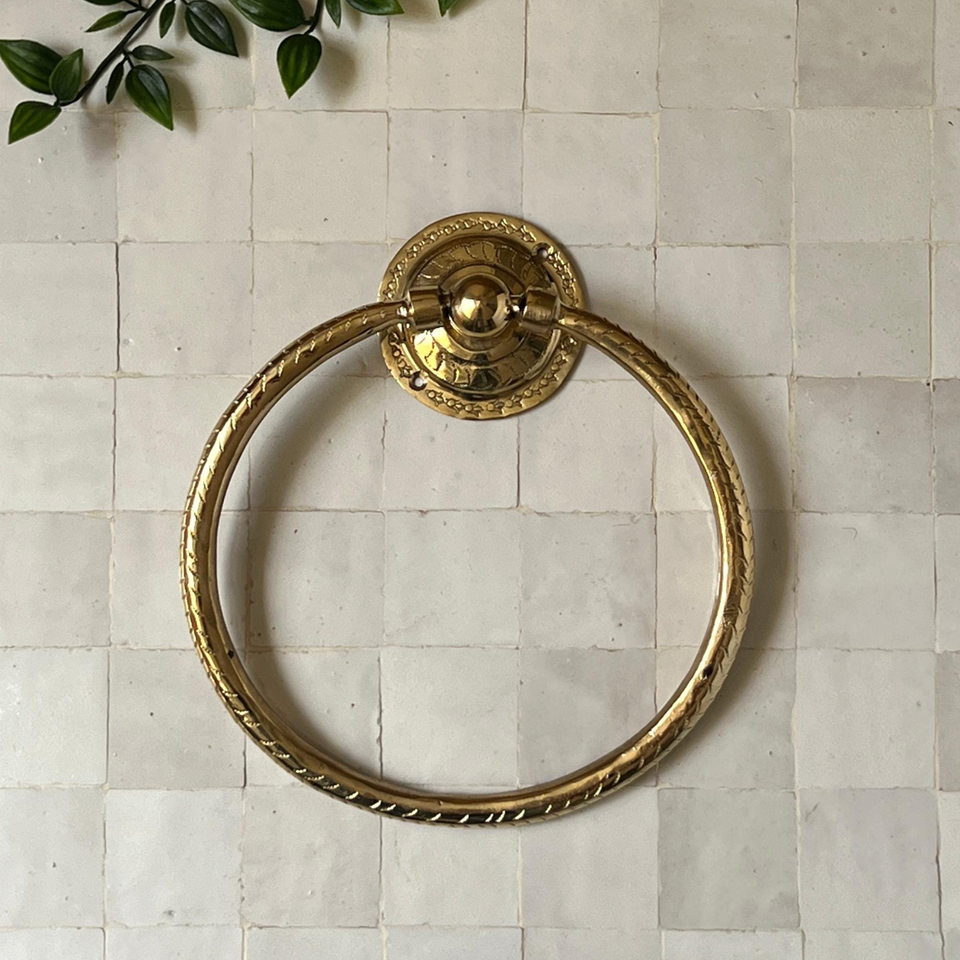Handmade Brass Towel Ring – Moroccan Engraved Hand Towel Holder in Unlacquered & Bronzed Finishes