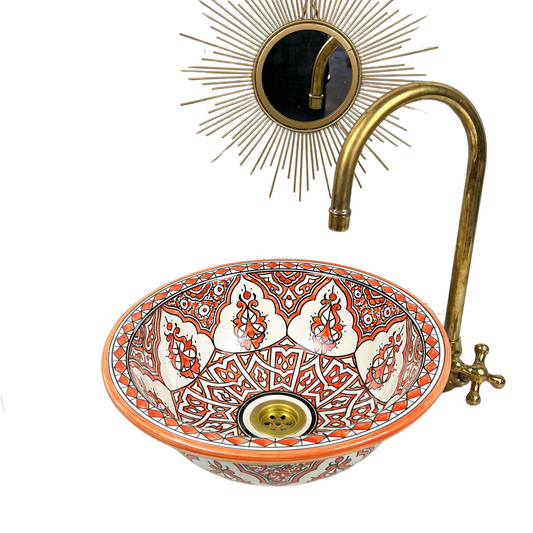 Orange Hand-painted Mandala Style Sink, Modern Bathroom Vessel Sink Above Countertop Basin - Ceramic Vessel Sink - Handmade Bowl Basin Sink