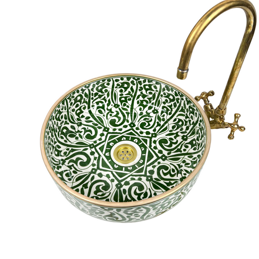 Modern Bathroom Green Sink for Vanity Countertop with gold rim  - Handcrafted Green Ceramic Bathroom Sink - Artistic Vessel Basin for Vanity