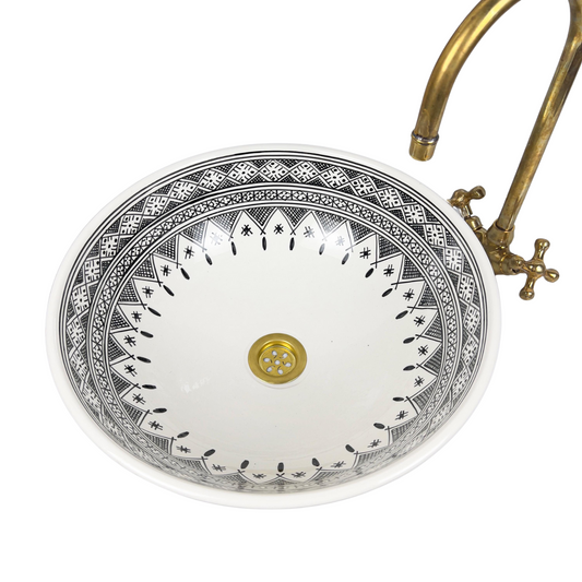 Black and White kitchen Sink Ceramic Vessel - Artistic Bathroom Basin - Porcelain Vanity Sink - Round Modern Pottery Bath sinks Hand Painted