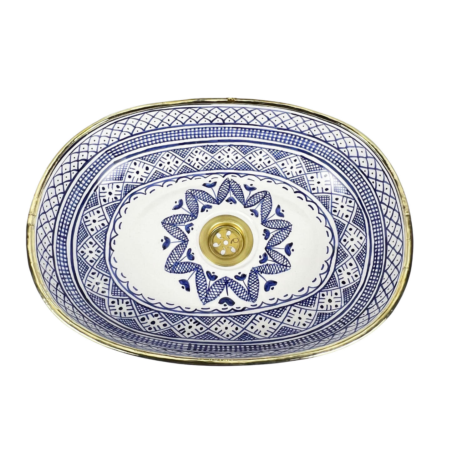 Blue Oval HandPainted Fishscale Ceramic Bathroom Basin for Vanity & Restroom with gold rim - Blue Fishscale Oval Vessel Sink