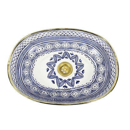 Blue Oval HandPainted Fishscale Ceramic Bathroom Basin for Vanity & Restroom with gold rim - Blue Fishscale Oval Vessel Sink