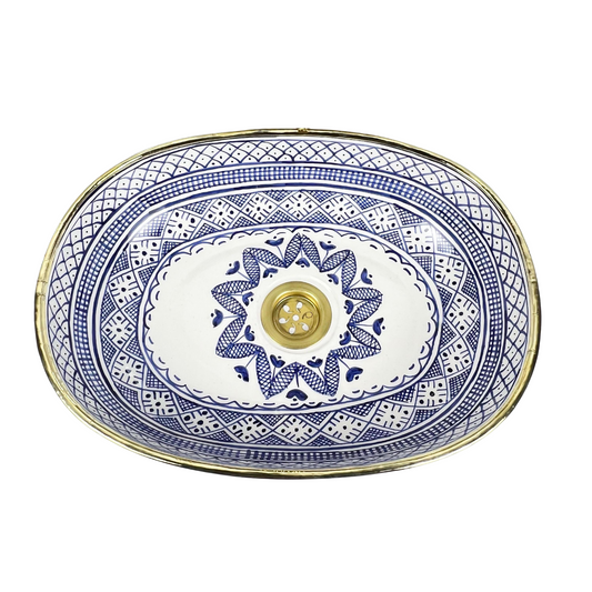 Blue Oval HandPainted Fishscale Ceramic Bathroom Basin for Vanity & Restroom with gold rim - Blue Fishscale Oval Vessel Sink