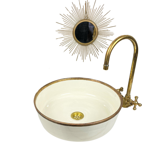 White Wash Basin for Restroom with brass rim, Handmade Bathroom White Vessel  Sink, Modern Ceramic Sinks, Small Moroccan Bath Lavatory