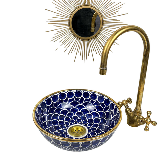 Blue Ceramic Vessel Sin - Blue Glaze with Gold Rim - Bathroom Equipement, Hand painted bathroom ceramic washbasin, Luxury handmade basin