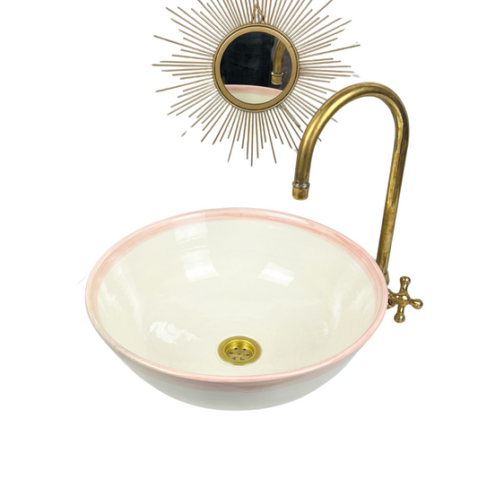 White Ceramic Sink with Pink Rim – Moroccan Artisan Vessel for Luxurious Bathroom Decor -  Moroccan sink, Custom Made White Ceramic Sink