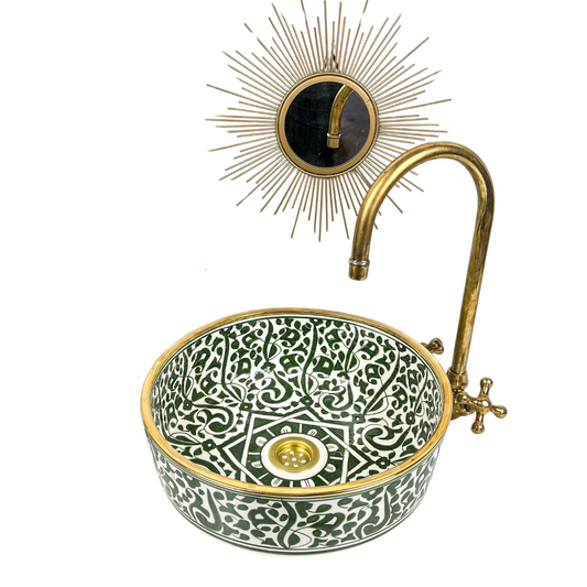 Hand-Painted Dark Green Ceramic Sink with Gold Rim – Moroccan Artisan Vessel for Luxurious Bathroom Decor - Artistic Vessel Basin for Vanity