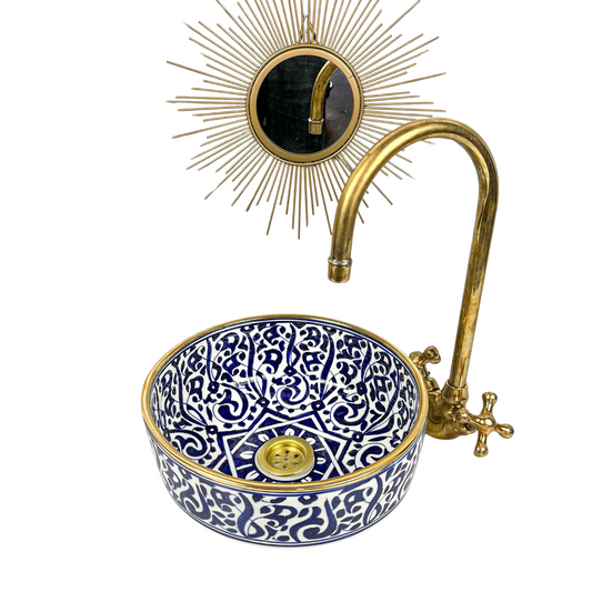 Modern Blue Bathroom Sink for Vanity Countertop with gold rim  - Handcrafted Blue Ceramic Bathroom Sink - Artistic Vessel Basin for Vanity