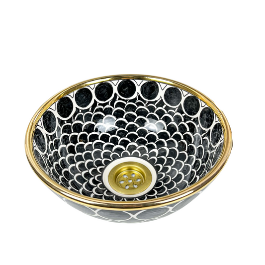 Black Ceramic Vessel Sin - Black Sink with Gold Rim - Hand painted bathroom ceramic washbasin, Luxury handmade basin