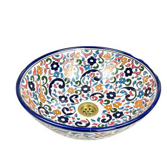 Colorful Flower Vessel Sink With Mid Century Modern Style, Handmade Modern Moroccan Wash Basin, Ceramic Bathroom Sink, Countertop Basin Bowl