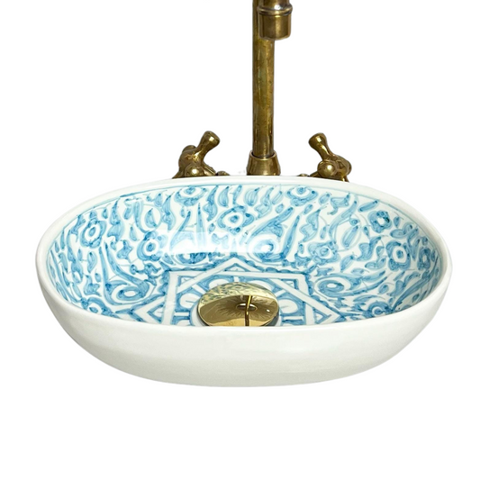 Hand-Painted Sky Blue Oval Ceramic Sink for Vanity and Restroom - Oval Hand Made Vessel Sink - Modern Oval Countertop Washbasin