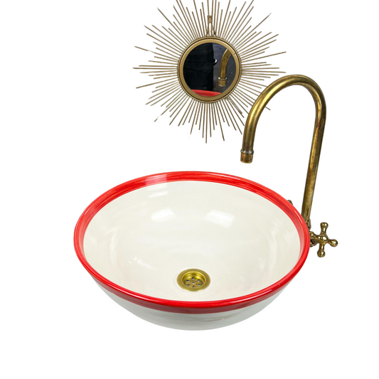 Ceramic Sink with Red Rim – White Moroccan Artisan Vessel for Luxurious Bathroom Decor With Red touch -  Custom Made Moroccan Ceramic Sink