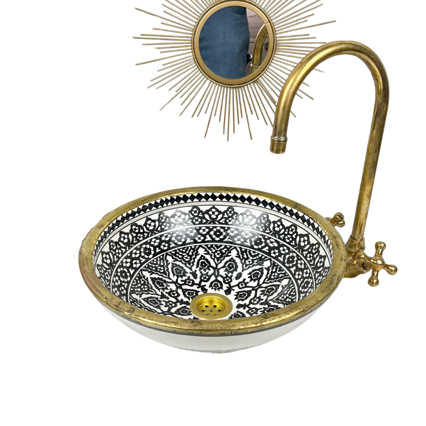 Handcrafted Black and White Ceramic Sink with Brass Rim – Timeless Moroccan Elegance – Moroccan Artisan Vessel for Luxurious Bathroom Decor