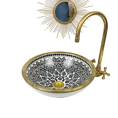 Handcrafted Black and White Ceramic Sink with Brass Rim – Timeless Moroccan Elegance – Moroccan Artisan Vessel for Luxurious Bathroom Decor