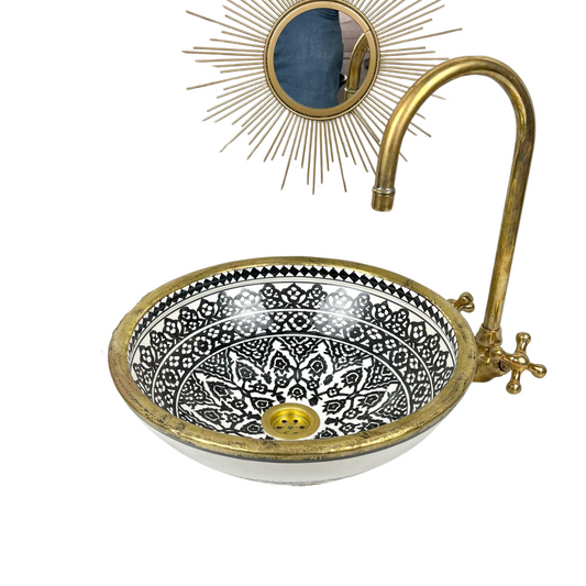 Handcrafted Black and White Ceramic Sink with Brass Rim – Timeless Moroccan Elegance – Moroccan Artisan Vessel for Luxurious Bathroom Decor