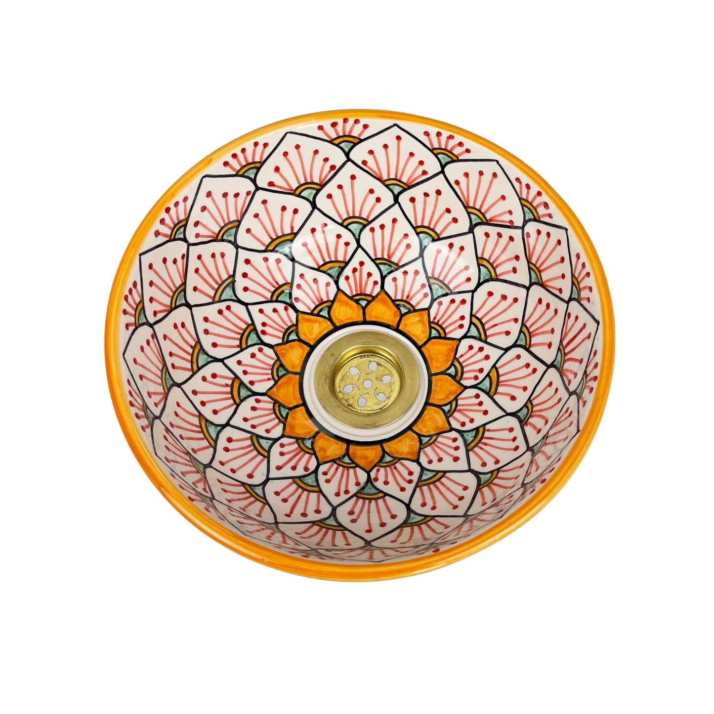 Orange Hand painted Flower Vessel Sink , Mandala sink basin, Ceramic Washbasin Mandala Style, Small Moroccan Bath Lavatory Bowl for Vanity