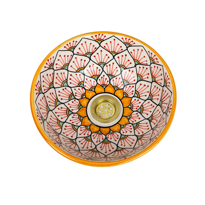 Orange Hand painted Flower Vessel Sink , Mandala sink basin, Ceramic Washbasin Mandala Style, Small Moroccan Bath Lavatory Bowl for Vanity