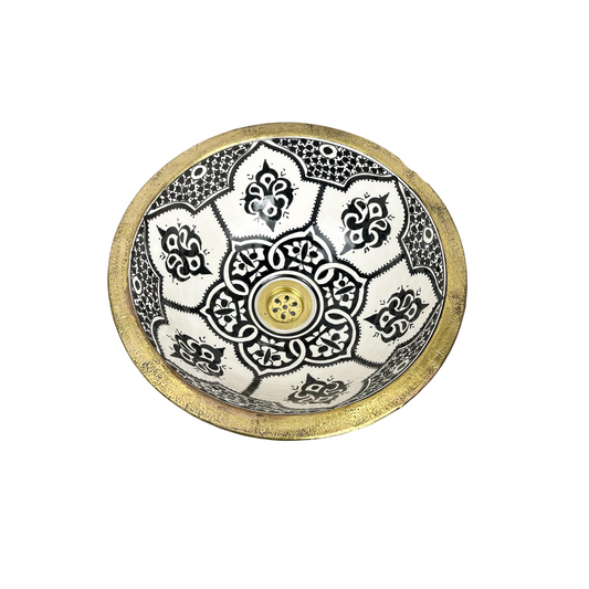 Ceramic Bathroom Sink Bowl With Brass Rim, Countertop Vessel Sink Hand painted, Undermount Bathroom Basin, Modern Pottery Wash Basin.