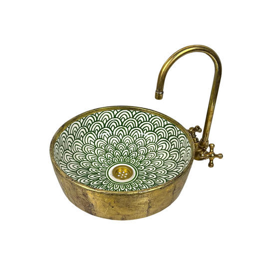 Green Fishscale Moroccan sink Wrapped With Brass, Custom Made Wrapped Brass Green Ceramic Sink, Custom Made Fishscale Green Ceramic Sink