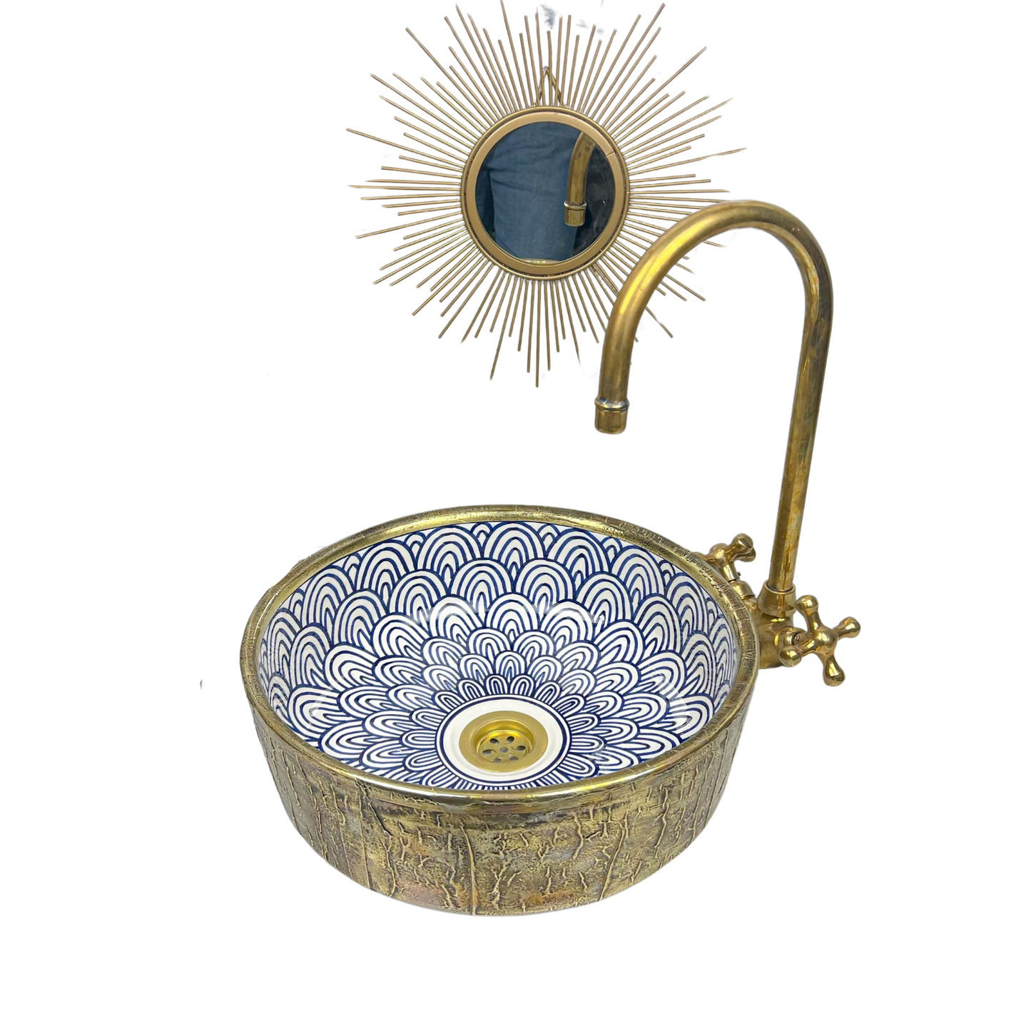 Blue Fishscale Moroccan sink Wrapped With Brass, Custom Made Wrapped Brass Blue Ceramic Sink, Custom Made Fishscale Blue Ceramic Sink