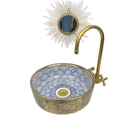 Blue Fishscale Moroccan sink Wrapped With Brass, Custom Made Wrapped Brass Blue Ceramic Sink, Custom Made Fishscale Blue Ceramic Sink