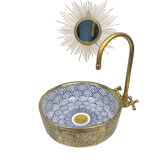 Blue Fishscale Moroccan sink Wrapped With Brass, Custom Made Wrapped Brass Blue Ceramic Sink, Custom Made Fishscale Blue Ceramic Sink
