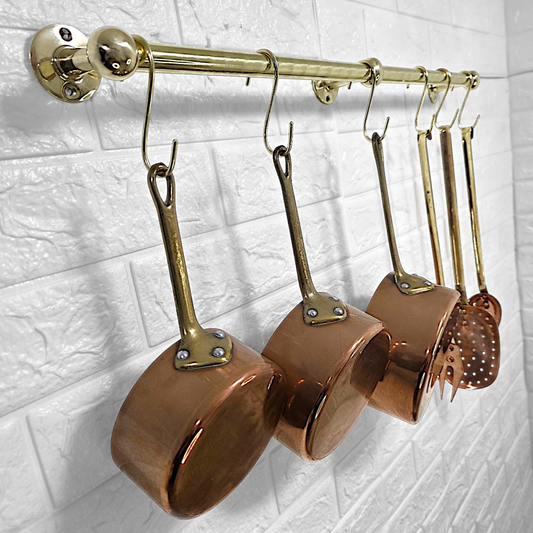 Antique Brass Pot Rack with Hooks - Wall Mount Kitchen Storage