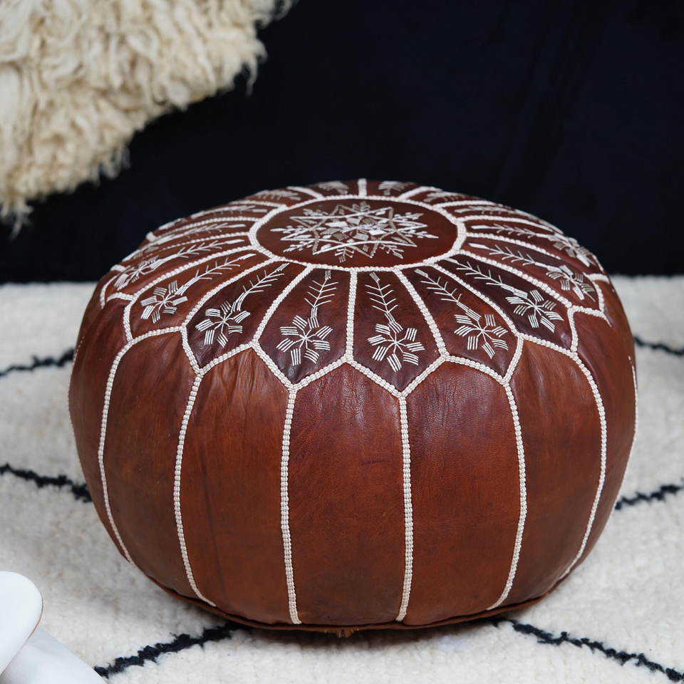 Moroccan Dark Brown Leather Pouf – Handcrafted Ottoman (Unstuffed)