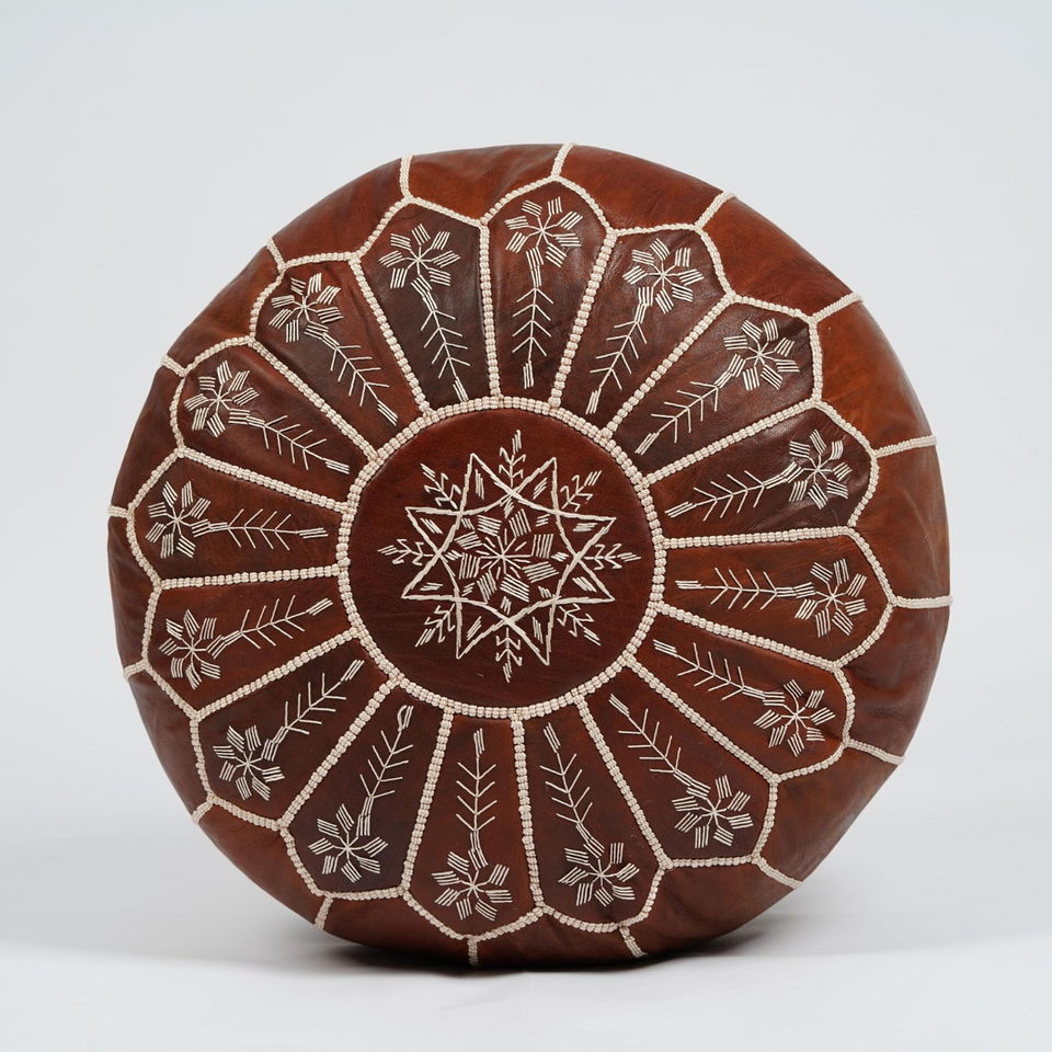 Moroccan Dark Brown Leather Pouf – Handcrafted Ottoman (Unstuffed)