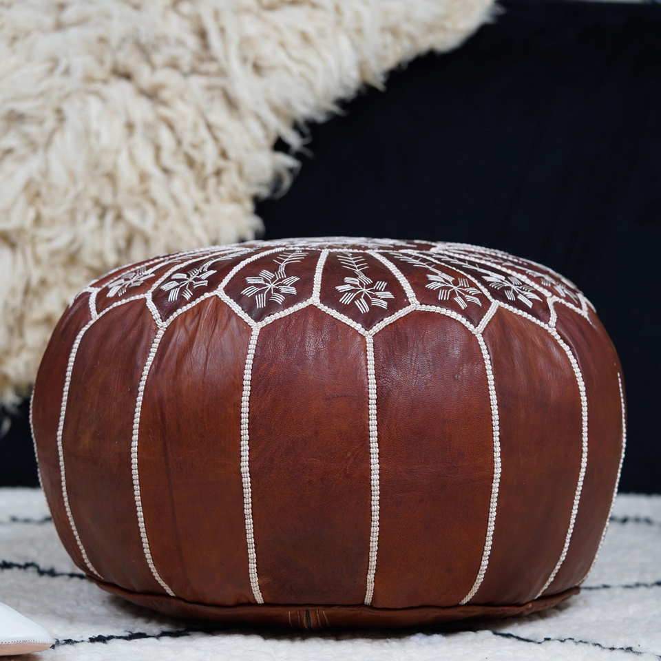 Moroccan Dark Brown Leather Pouf – Handcrafted Ottoman (Unstuffed)