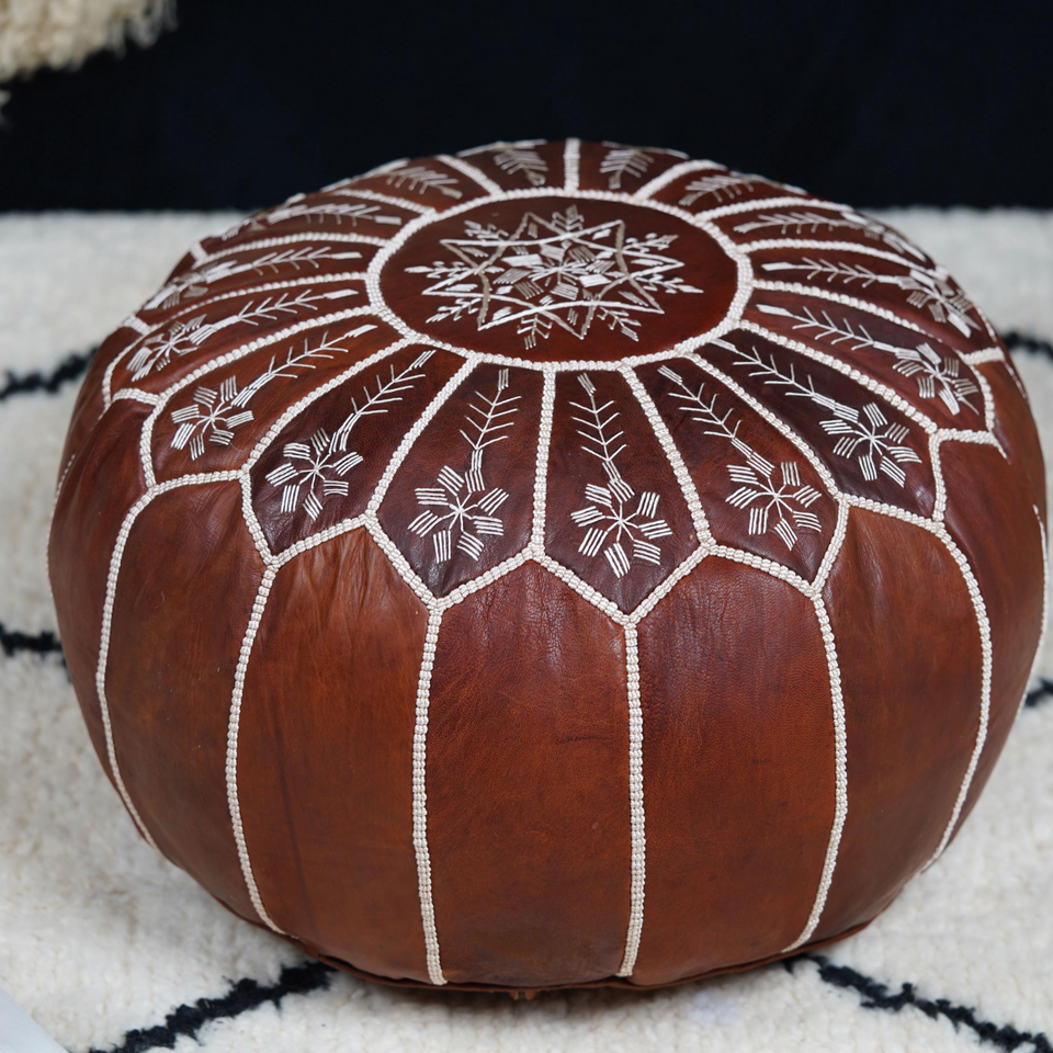 Moroccan Dark Brown Leather Pouf – Handcrafted Ottoman (Unstuffed)