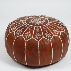 Moroccan Dark Brown Leather Pouf – Handcrafted Ottoman (Unstuffed)