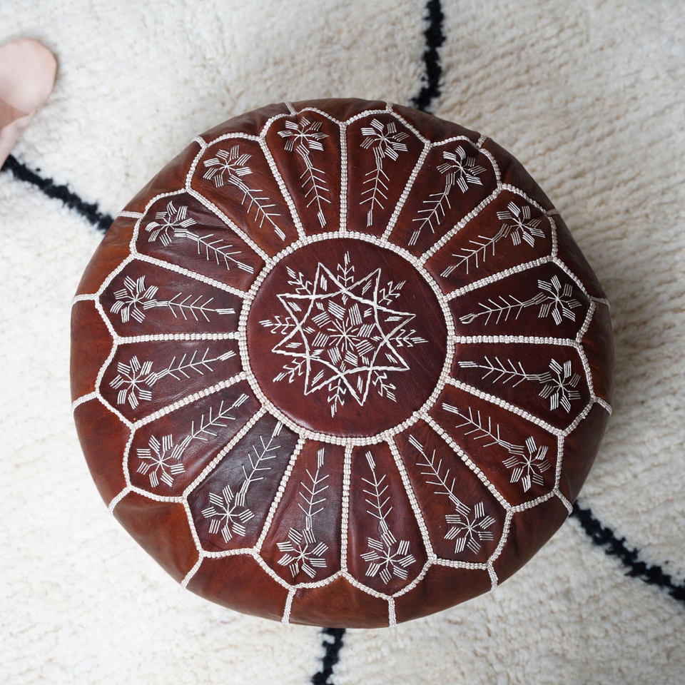 Moroccan Dark Brown Leather Pouf – Handcrafted Ottoman (Unstuffed)