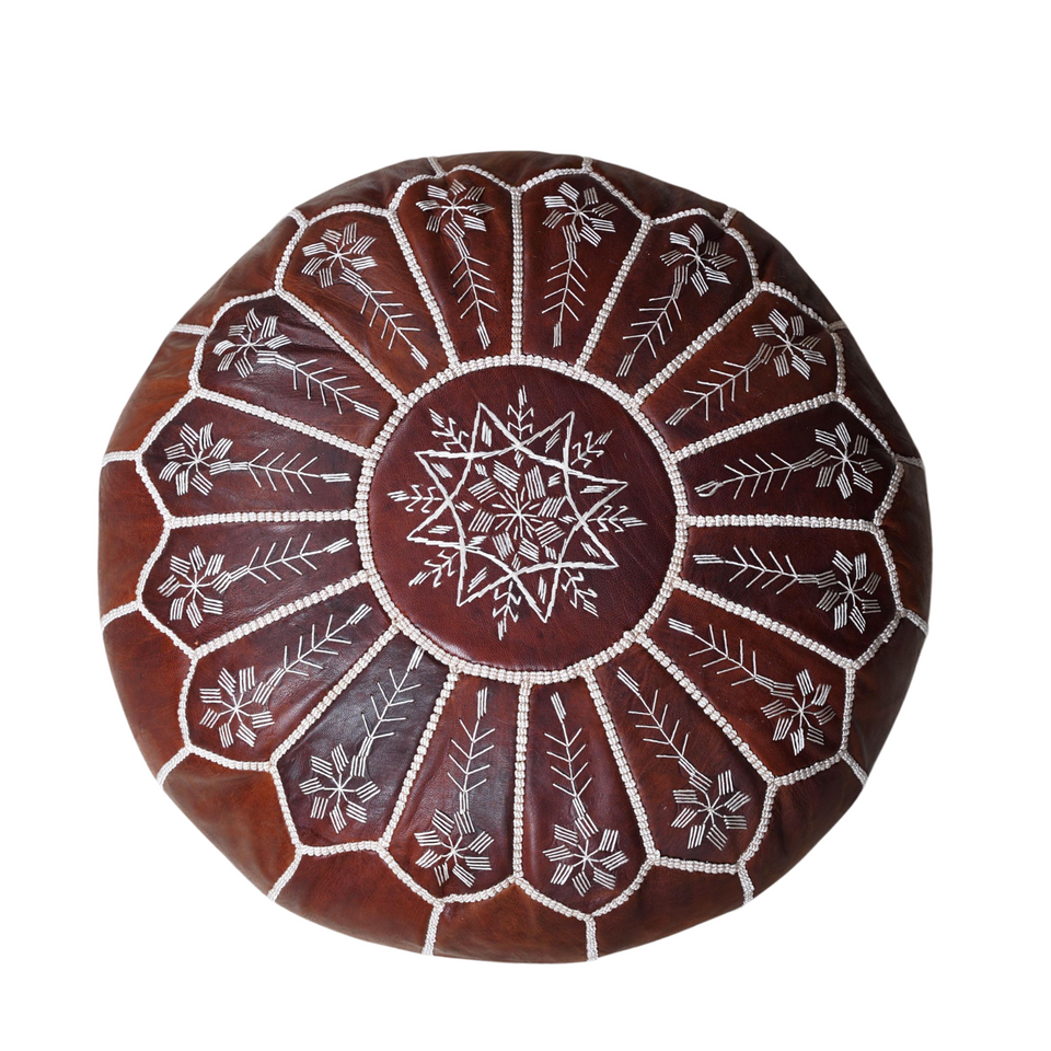 Moroccan Dark Brown Leather Pouf – Handcrafted Ottoman (Unstuffed)