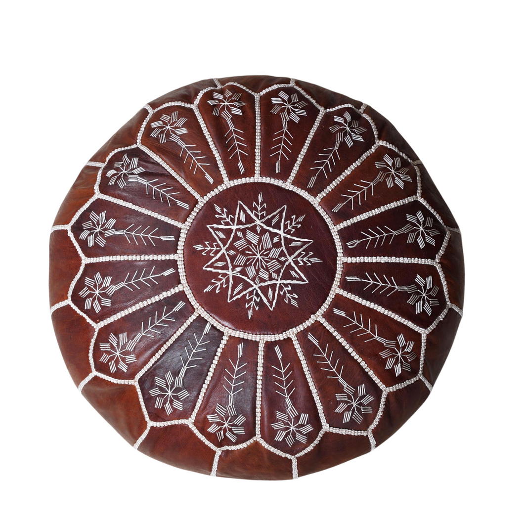 Moroccan Dark Brown Leather Pouf – Handcrafted Ottoman (Unstuffed)