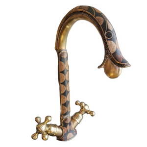 Unlacquered Brass Bathroom Faucet Adorned With  Resin And Moroccan Walnut Wood