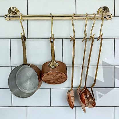 Antique Copper Brass Utensil & Pot Rack – Solid Unlacquered Brass Kitchen Pot Rail with S-Hooks