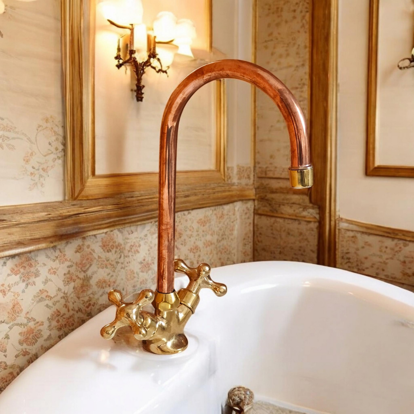 Unlacquered Solid Brass Bathroom Faucet, Antique Deck Mounted Copper Faucet