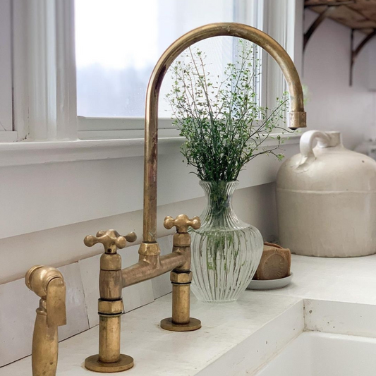 Unlacquered Brass Bridge Kitchen Sink Faucet, Antique Brass, Vintage Brass Faucet