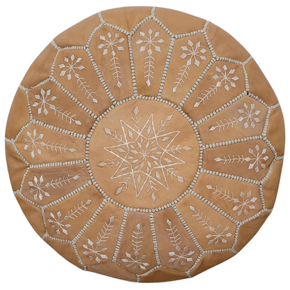 Moroccan Tan Brown Leather Pouf Ottoman-Round Leather Ottoman Footrest