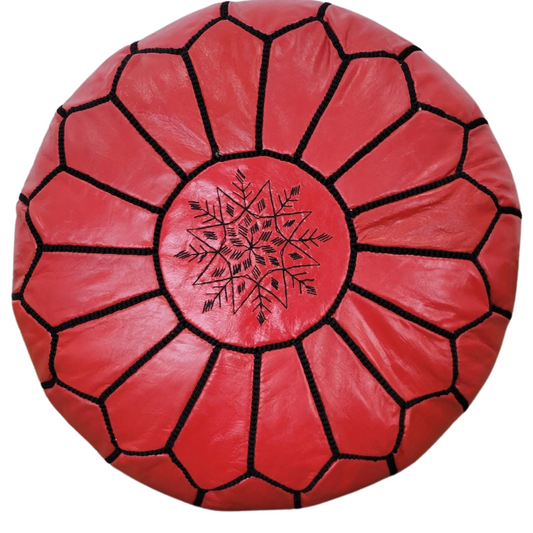 Red Moroccan leather Pouf, Round Leather Ottoman Storage Pouf