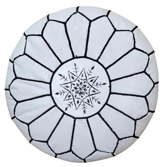 White Moroccan Leather Ottoman Pouf