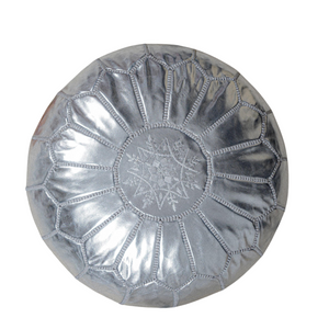 Silver Round Moroccan Pouf - Unstuffed Cover Ottoman Footstool - Boho Decor, Bohemian Living Room, Moroccan Vintage Decorative Pouf